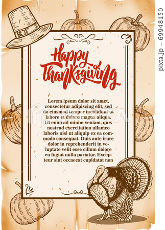 Thanksgiving flyer template. Old style background with pumpkins and turkey. Design elements for poster, card, banner. Vector illustration Thanksgiving flyer template. Old style background with pumpkins and turkey. Design elements for poster, card, banner. Vector illustration 69948150