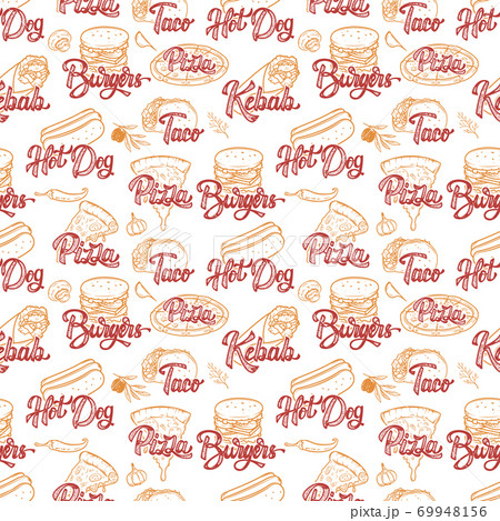Street food seamless pattern. Kebab, taco, burger, hot dog. Vector illustration Street food seamless pattern. Kebab, taco, burger, hot dog. Vector illustration 69948156