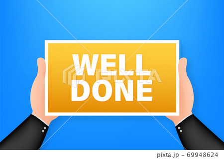 Well done cartoon poster with hand holding placard for banner design. Banner, Billboard design. Vector stock illustration. 69948624