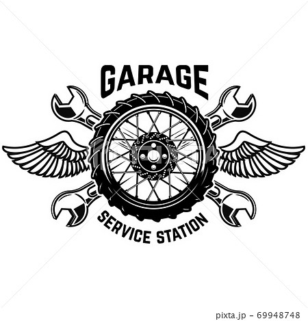 Service station emblem template. Car wheel with wings. Design elements for emblem, sign, poster. Vector illustration Service station emblem template. Car wheel with wings. Design elements for emblem, sign, poster. Vector illustration 69948748