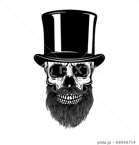 Bearded skull in retro hat. Gentleman club. Design element for t shirt, poster, emblem, sign. Vector illustration Bearded skull in retro hat. Gentleman club. Design element for t shirt, poster, emblem, sign. Vector illustration 69948754