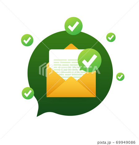 Opened envelope and document with green check mark. Verification email. Vector illustration. 69949086