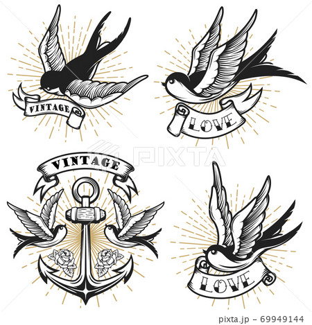 Set of vintage style tattoo with swallow birds, anchor isolated on white background. 69949144