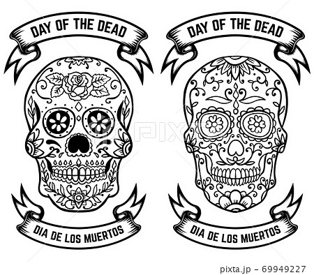 Day of the dead. Dia de los muertos. Set of the sugar skulls. Design elements for poster, greeting card, banner. Vector illustration 69949227