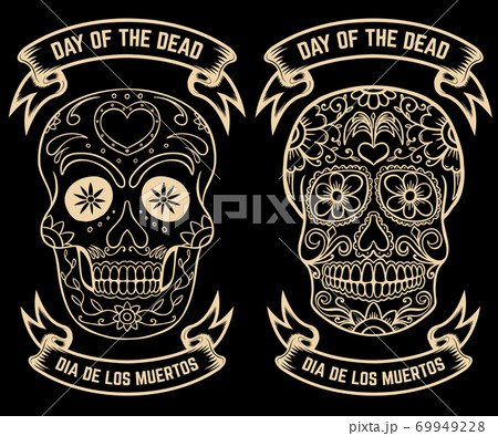 Day of the dead. Dia de los muertos. Set of the sugar skulls. Design elements for poster, greeting card, banner. Vector illustration 69949228