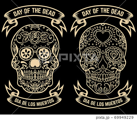 Day of the dead. Dia de los muertos. Set of the sugar skulls. Design elements for poster, greeting card, banner. Vector illustration 69949229