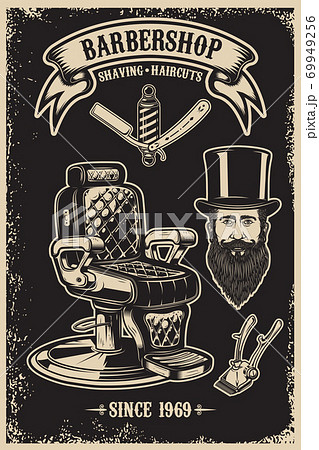 Barber shop poster template. Barber chair and tools on grunge background. Design element for emblem, sign, poster, card, banner. Vector illustration 69949256