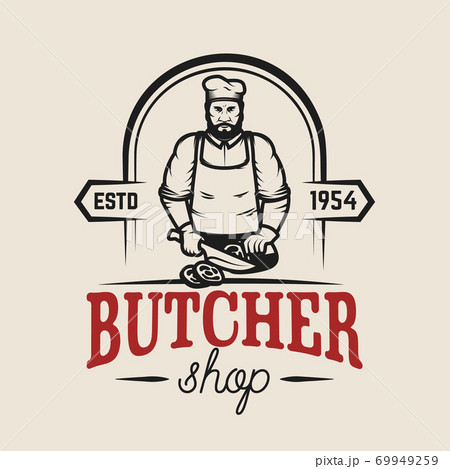 Butcher shop. Design element for logo, label, emblem, sign, poster. Vector illustration 69949259