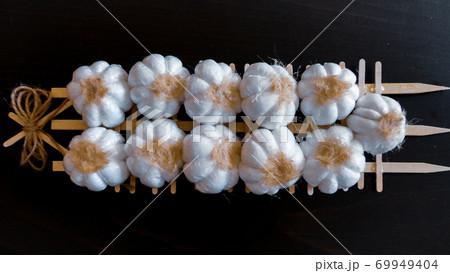Fresh harvesting garlic tied in bunches. Dried decorative garlic on the dark background Fresh harvesting garlic tied in bunches. Dried decorative garlic on the dark background 69949404