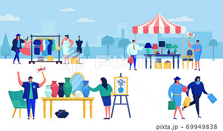 Flea market filled with people out shopping vector illustration. Retro and vintage fashion clothing sale. Garage sale. Street stalls. 69949838