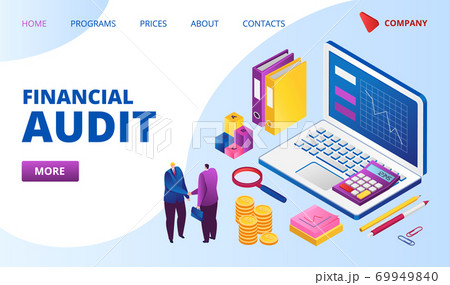 Financial audit landing web page vector illustration. Magnifying glass, analysis of financial report. Finances and auditors concept. Financial audit landing web page vector illustration. Magnifying glass, analysis of financial report. Finances and auditors concept. 69949840