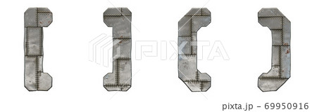 Set of symbols left and right square bracket, left and right parentheses made of industrial metal on white background 3d 69950916