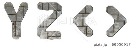 Set of capital letters Y, Z and symbol left and right angle bracket made of industrial metal isolated on white background. 3d 69950917