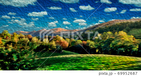 Hills with trees and fields at the Lake District 69952687