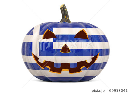 Halloween in Greece concept. Evil carved pumpkin with Greek flag, 3D rendering 69953041