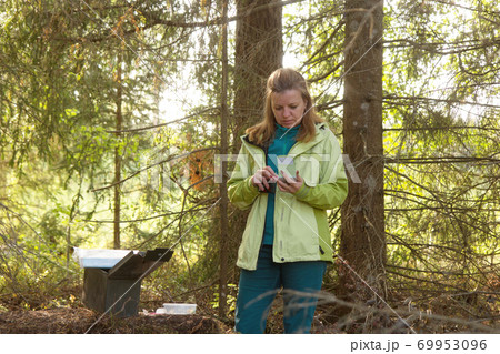 A woman geocaching. Women in woods find geocache container. Big ammo box with log book and some toys. 69953096