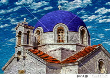 Small orthodox church with blue dome in Greece 69953202