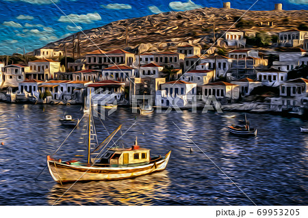 Fishing boat and village in a Greek island 69953205