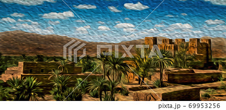 Old Kasbah in ruins and palm trees near Ouarzazate 69953256