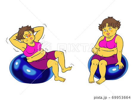 バランスボールをする ぽっちゃり女性2セットのイラスト素材
