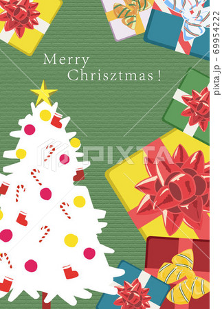 クリスマスカード 縦 モミの木とプレゼント 緑背景のイラスト素材 クリスマスカード 縦 モミの木とプレゼント 緑背景のイラスト素材