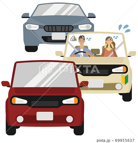 初心者マークがついた若い男女が渋滞で困っているイラストのイラスト素材