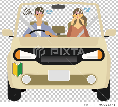 初心者マークの若い男女がドライブで困っているイラストのイラスト素材