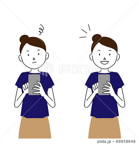 スマホを使う女性のイラストセット 使い方が分からない 分かった のイラスト素材