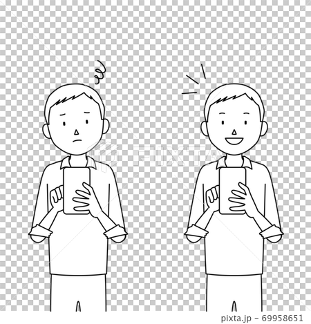 スマホを使う男性のイラストセット 使い方が分からない 分かった のイラスト素材