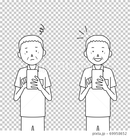 スマホを使うシニア男性のイラストセット 使い方が分からない 分かった のイラスト素材