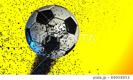 オレンジとブルーを背景にしたサッカーボールと微粒子のイラスト素材