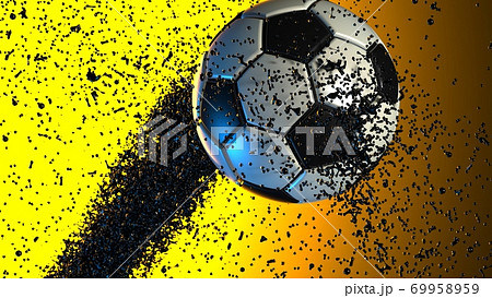 オレンジとブルーを背景にしたサッカーボールと微粒子のイラスト素材