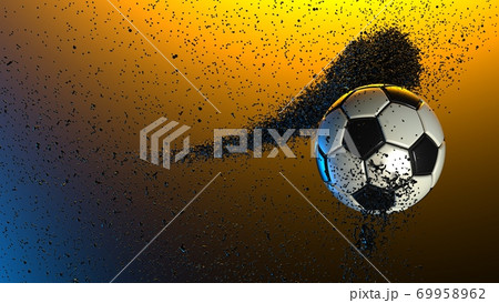 オレンジとブルーを背景にしたサッカーボールと微粒子のイラスト素材