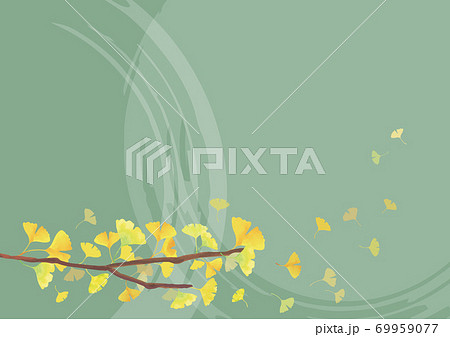 和風の背景素材 銀杏の枝 下部に装飾 薄緑色背景 横長 A3 比率 のイラスト素材