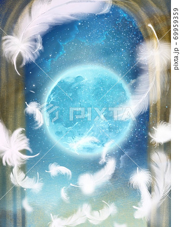 門の奥の青い満月と幻想的な宇宙の中舞う羽のファンタジー背景のイラスト素材