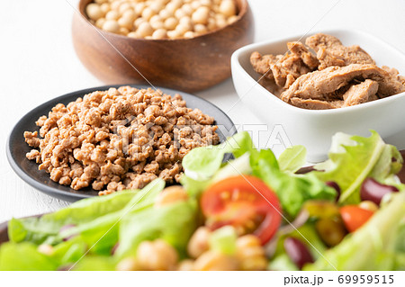 大豆ミート（フィレタイプとミンチタイプ）と生野菜 69959515