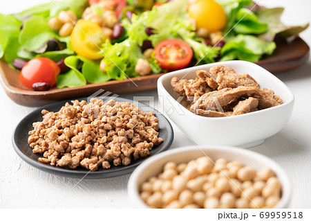 大豆ミート（フィレタイプとミンチタイプ）と生野菜 69959518