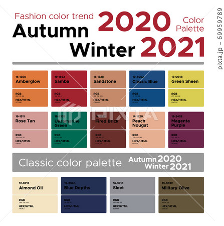 Fashion color trend Autumn Winter 2020-2021. Palette fashion colors guide with named color swatches, RGB, HEX colors. Fashion color trend Autumn Winter 2020-2021. Palette fashion colors guide with named color swatches, RGB, HEX colors. 69959789