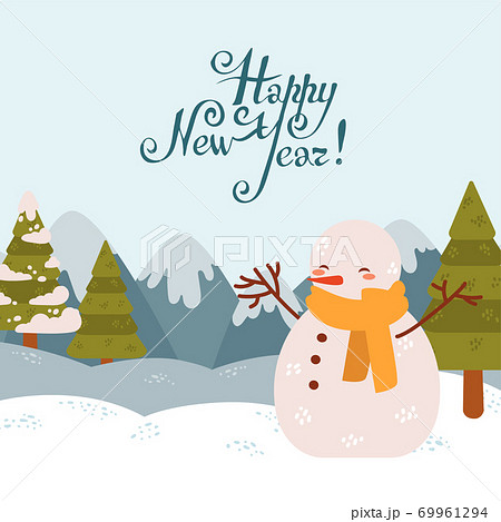 Happy new year postcard with winter landscape with cute snowman Happy new year postcard with winter landscape with cute snowman 69961294