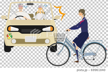 高齢者マークの車と高校生の自転車の事故イラストのイラスト素材