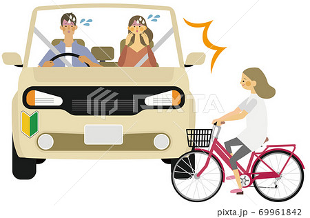 初心者マークの車と子供の自転車の事故イラストのイラスト素材