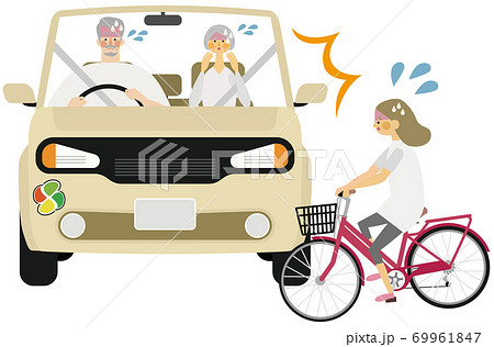 高齢者マークの車と子供の自転車の事故イラストのイラスト素材