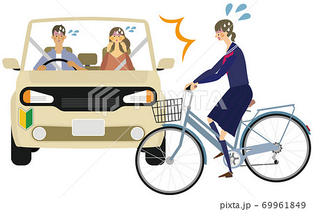 初心者マークの車と高校生の自転車の事故イラストのイラスト素材