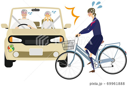 高齢者マークの車と高校生の自転車の事故イラストのイラスト素材