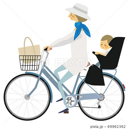 2人乗りで親子が自転車に乗るイラストのイラスト素材
