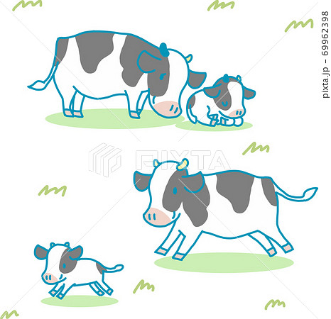 牧場でかわいい牛の家族が遊んでいるのイラスト素材