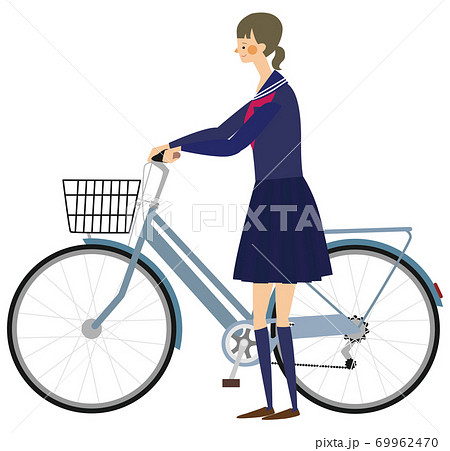 自転車を押す女子学生のイラストのイラスト素材