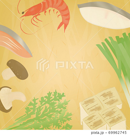 お鍋料理の具材背景イラスト金色（海鮮鍋） 69962745