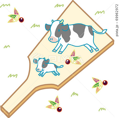 羽子板の上でかわいい牛親子が羽を追いかけているのイラスト素材 羽子板の上でかわいい牛親子が羽を追いかけているのイラスト素材