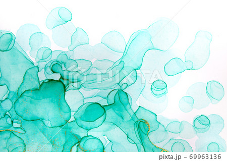Transparent green and gold watercolor drops on white background. Bubbles imitation. Transparent green and gold watercolor drops on white background. Bubbles imitation. 69963136